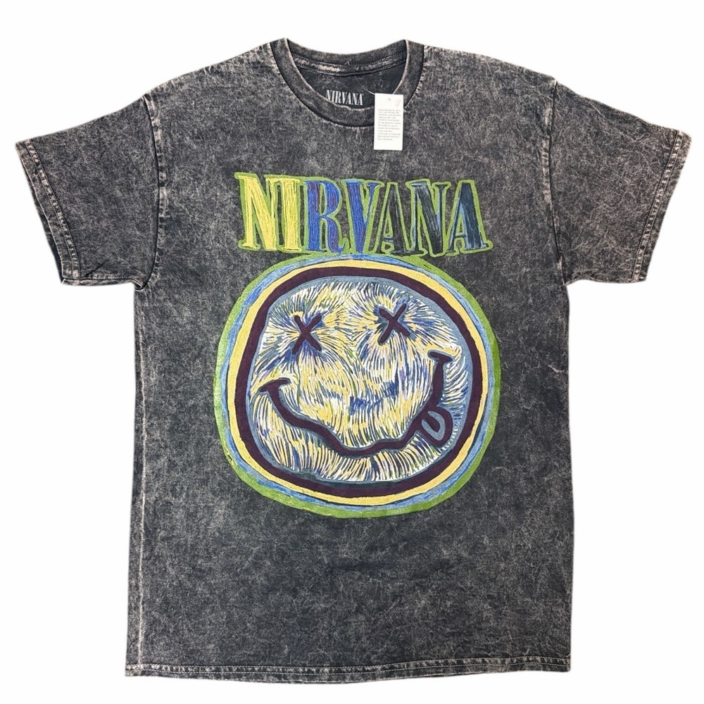 NWT Nirvana Smiley Face Acid Wash Graphic Tee Unisex Size L